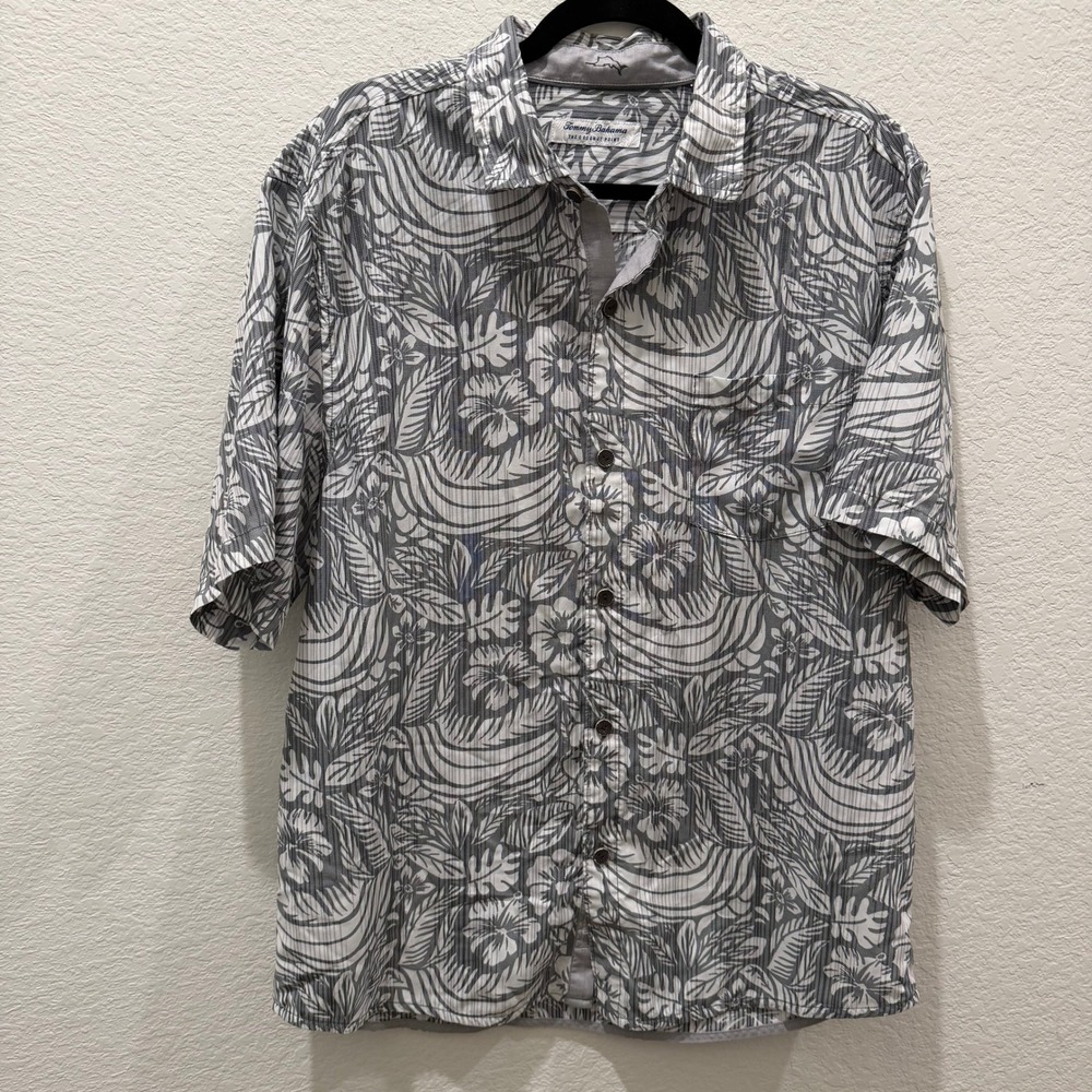 Tommy Bahama The Coconut Point Mens Large Grey White Tropical Floral Shirt